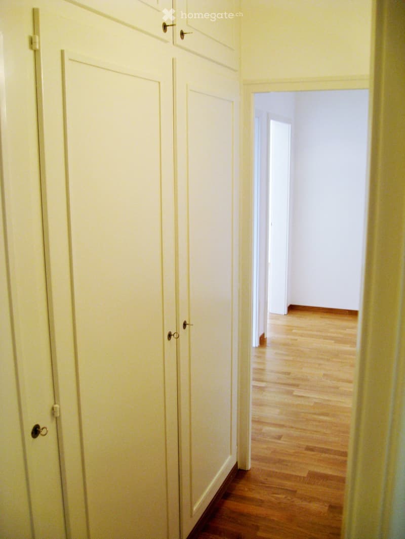 Closet with three doors, wooden flooring, empty room visible