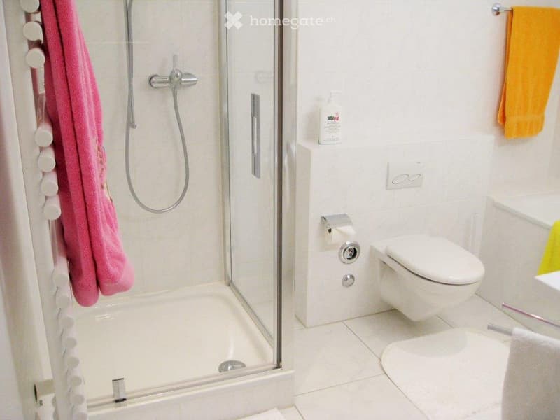 Modern bathroom with white tiles, glass shower enclosure, built-in toilet, and a towel rack with a pink towel