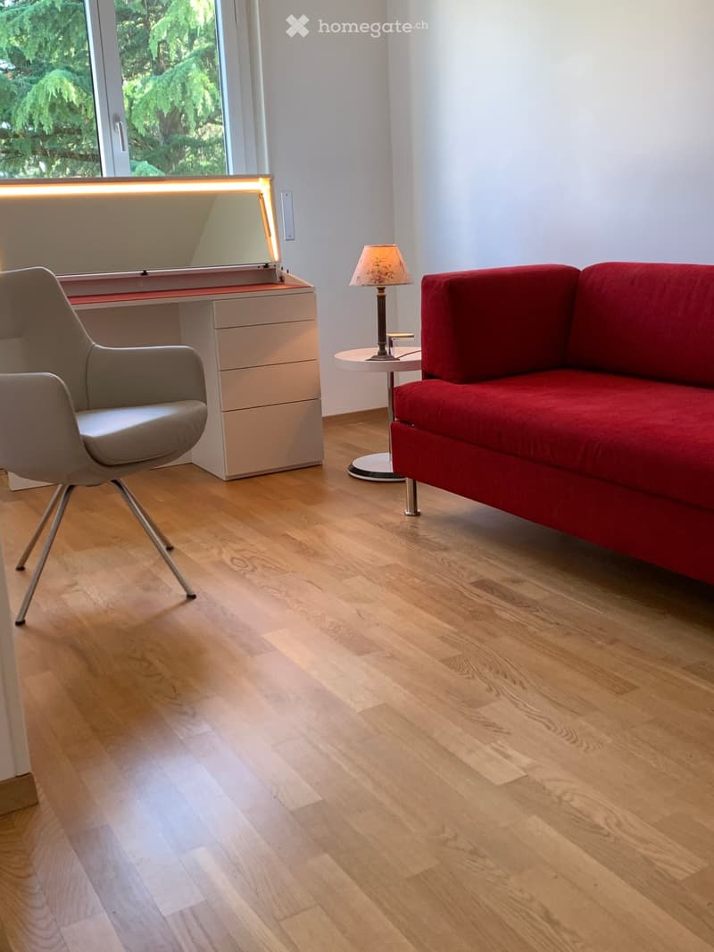Red couch, wooden floor, gray chair, white desk, large window with outdoor view