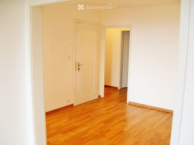 empty room, hardwood floor, white walls, white door, hallway