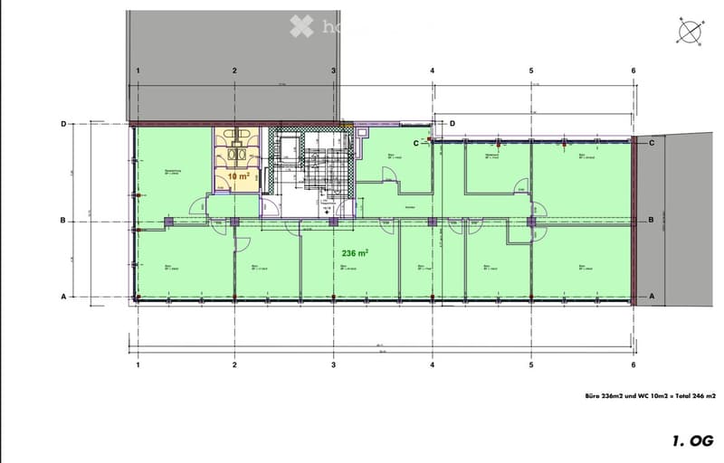 Floor plan with living room, kitchen, 2 bedrooms, 2 bathrooms, balcony, office