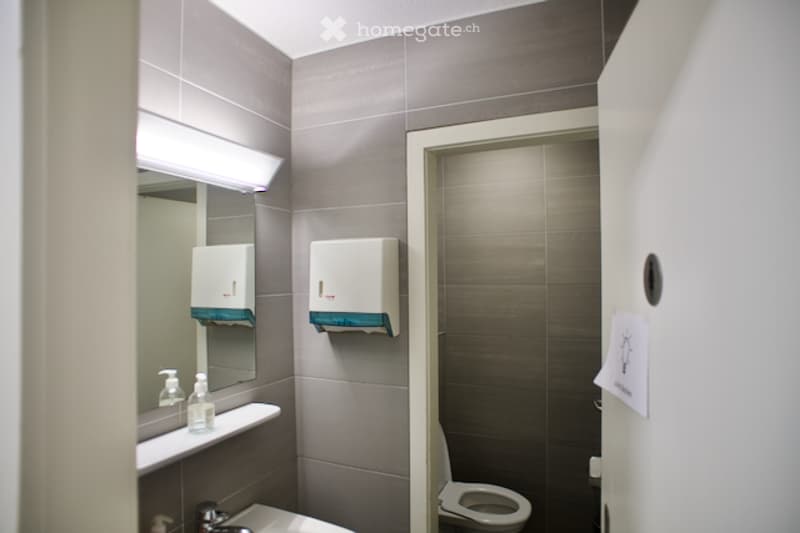 modern bathroom, gray tiles, white sink, mirror, toilet, hand dryers, soap dispensers