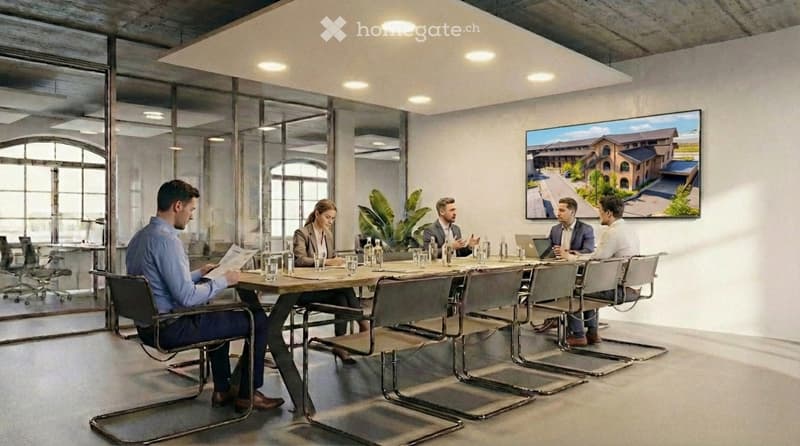 conference room with a long table, chairs, glass walls, large windows, a mounted TV screen, a plant, and a laptop