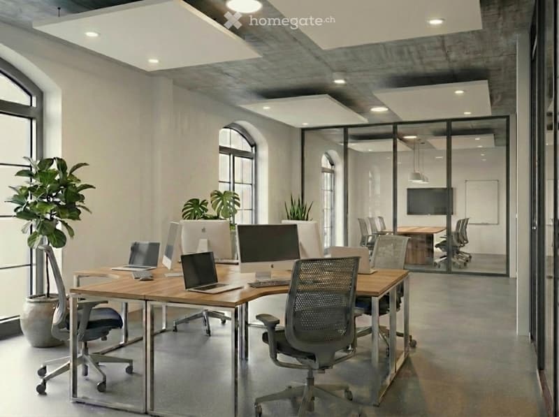 modern office with desks, chairs, monitors, laptops, plants, glass walls, windows, ceiling lights