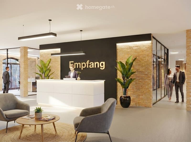 Reception area with a desk, chairs, plants, and a round table with magazines. A man is standing behind the desk, and a woman is walking towards the entrance.
