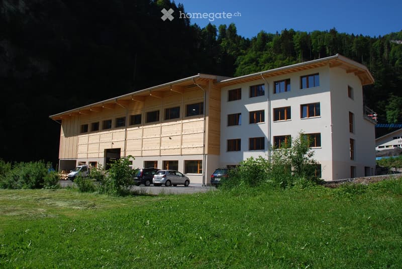 modern 3 story house, white walls, wooden trim, multiple windows, car parking