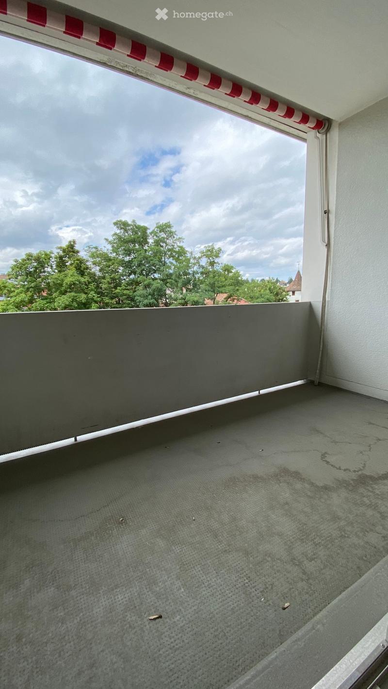 empty balcony with white railing, grey floor, view of trees and sky