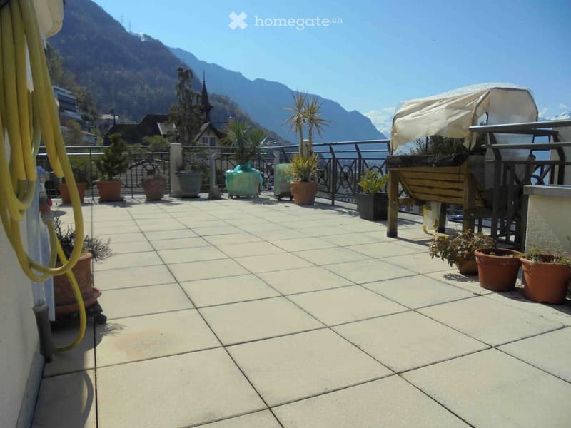 tiled floor, metal railing, several potted plants, covered area, mountain view