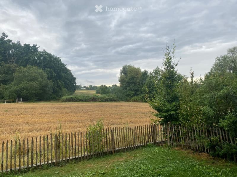 fenced garden with a view of a field