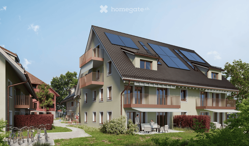 Modern 2-story house with brown roof, solar panels, multiple balconies, beige walls