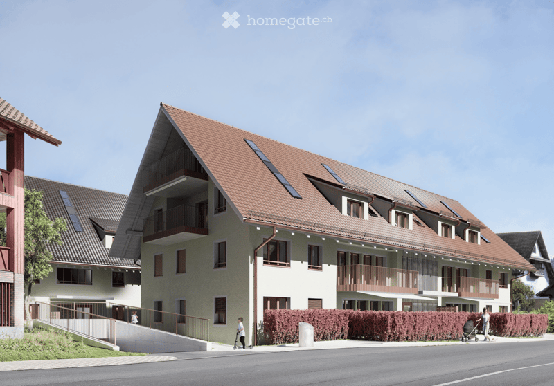 3 story building, red roof, beige walls, solar panels, balconies, green hedge, stairs