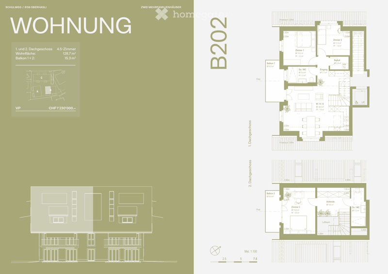 Floor plan of a two-story house with 4.5 rooms, including living room, kitchen, 2 bedrooms, 2 bathrooms, balcony, and a basement with a room and a storage room.