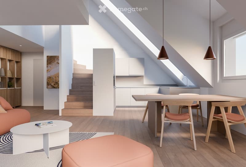 open floor plan, dining table, chairs, couch, coffee table, wooden floor, white walls, wooden staircase, kitchen, pendant lights