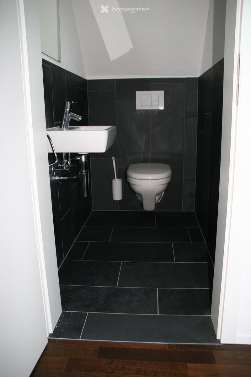 small bathroom with black tiles, white toilet, white sink, mirror, and a toilet brush