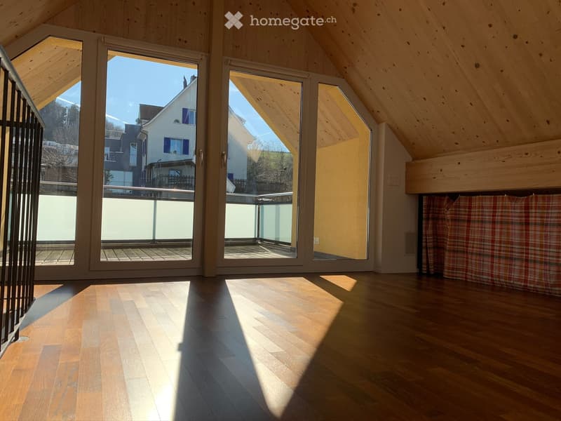 wooden floor, large windows, balcony, wooden ceiling
