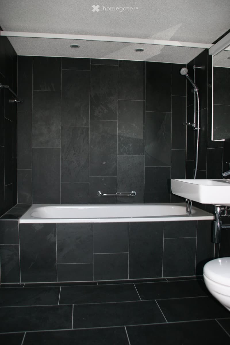 Bathroom with black tiles, white bathtub, white sink, white toilet, shower head