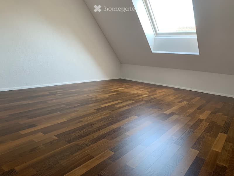 empty room, wooden floor, white walls, skylight window