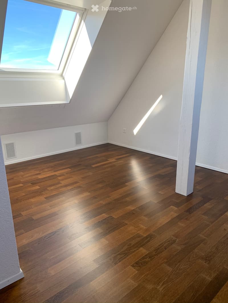 empty room, wooden floor, white walls, skylight, pillar