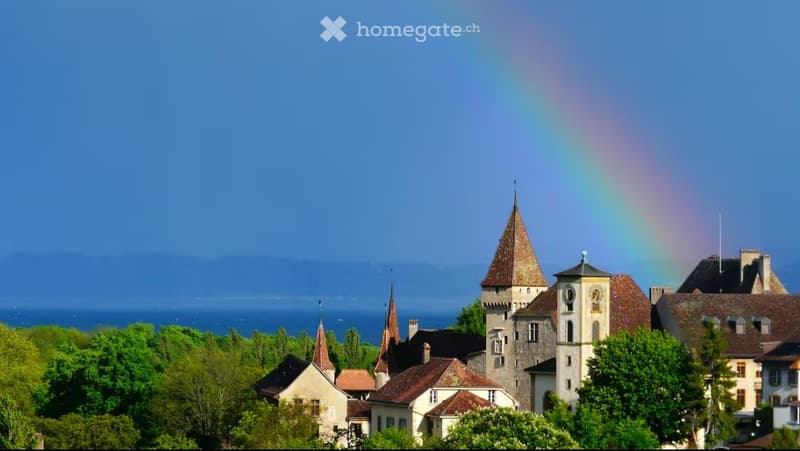 castle-like building, multiple gable roofs, surrounded by trees, ocean in the background, rainbow in the sky