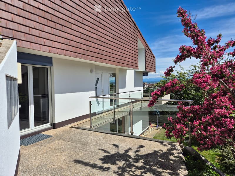 House. Modern two-story house with a brown tiled roof, white walls, large glass windows, and a balcony with a metal railing. A flowering tree with pink blossoms is visible in the foreground.