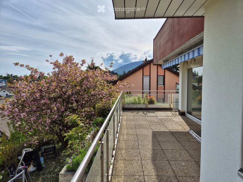 Balcony / Terrace. Balcony with tiled floor, metal railing, and a view of a blooming tree and distant mountains.
