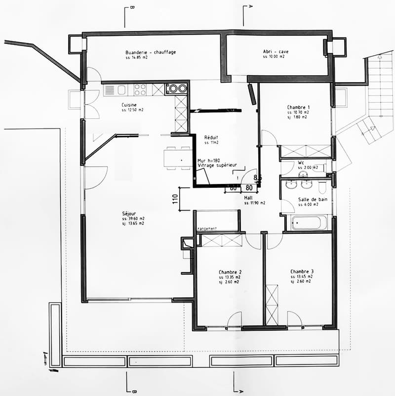 Floor Plan. Floor plan of a house with multiple rooms including a living room, kitchen, three bedrooms, bathroom, hallway, and storage area.