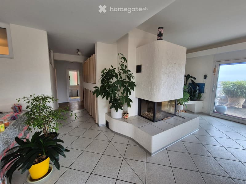 Furnished Room. Modern living room with a central fireplace, large potted plants, and a view through large windows.