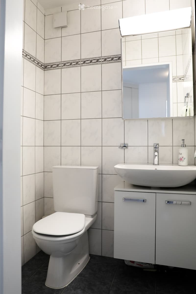 white tiled walls, white toilet, white sink, white cabinet, mirror