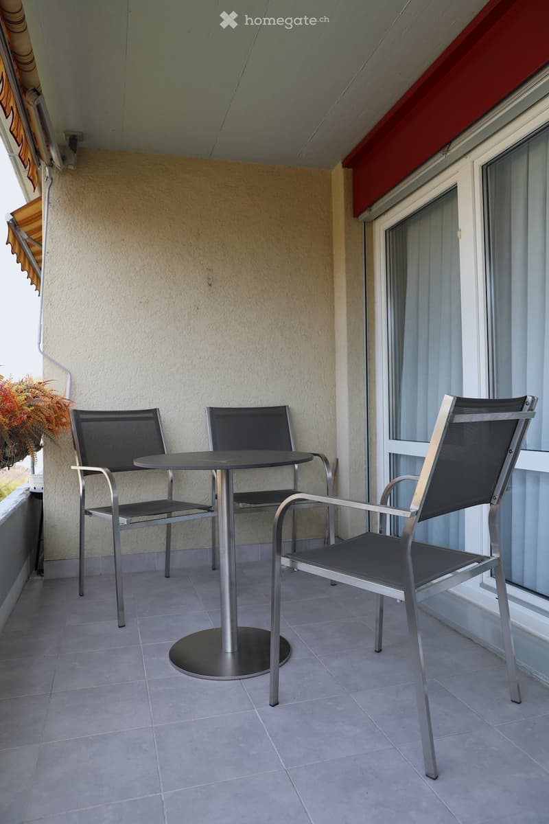 Balcony with table and chairs, metal railing, white walls, glass door, potted plant