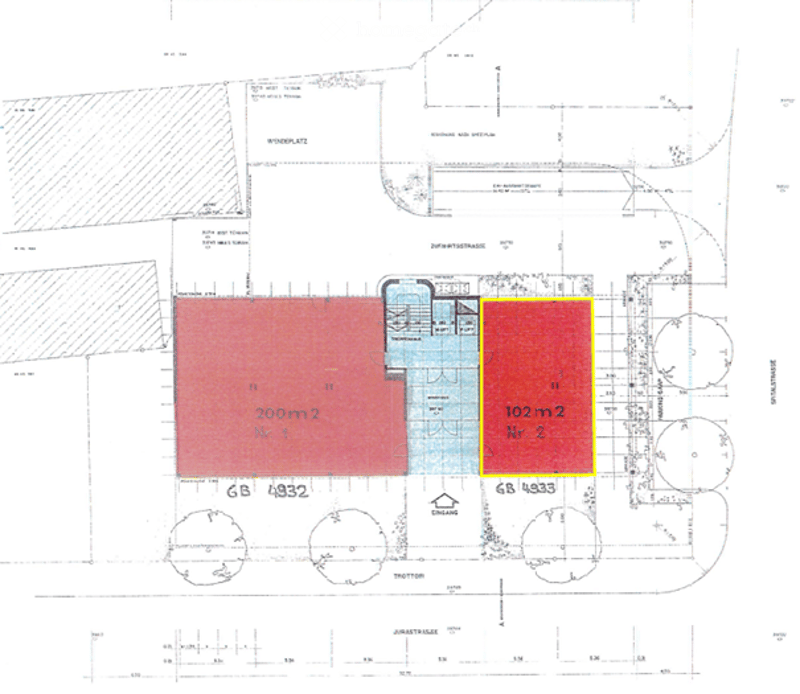 Floor plan with two sections, one with 200m2 and another with 102m2