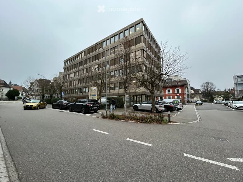 Office building with multiple windows, cars parked in front, street lights, trees, and a person walking