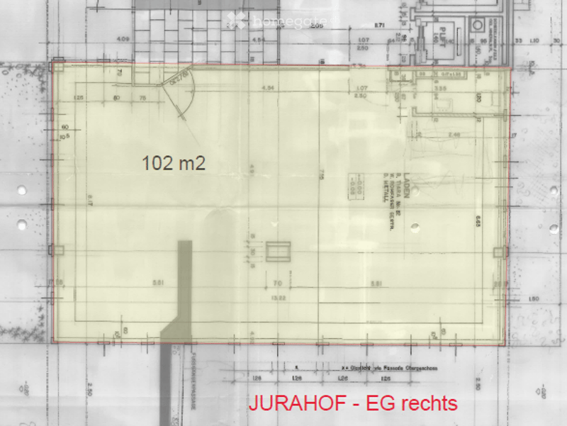 Floor plan of Jurahof, ground floor, 102 square meters, includes living room, kitchen, 2 bedrooms, 2 bathrooms, balcony