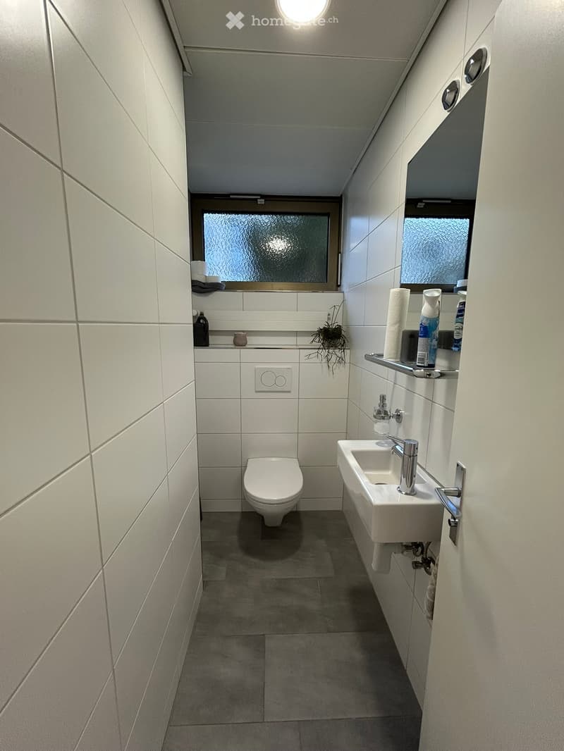 small bathroom with toilet, sink, and window