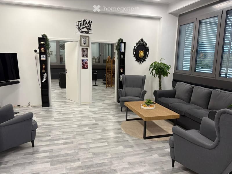 Living room with gray couches, wooden coffee table, gray armchairs, potted plant, TV, shelves with decorative items, and a white door.