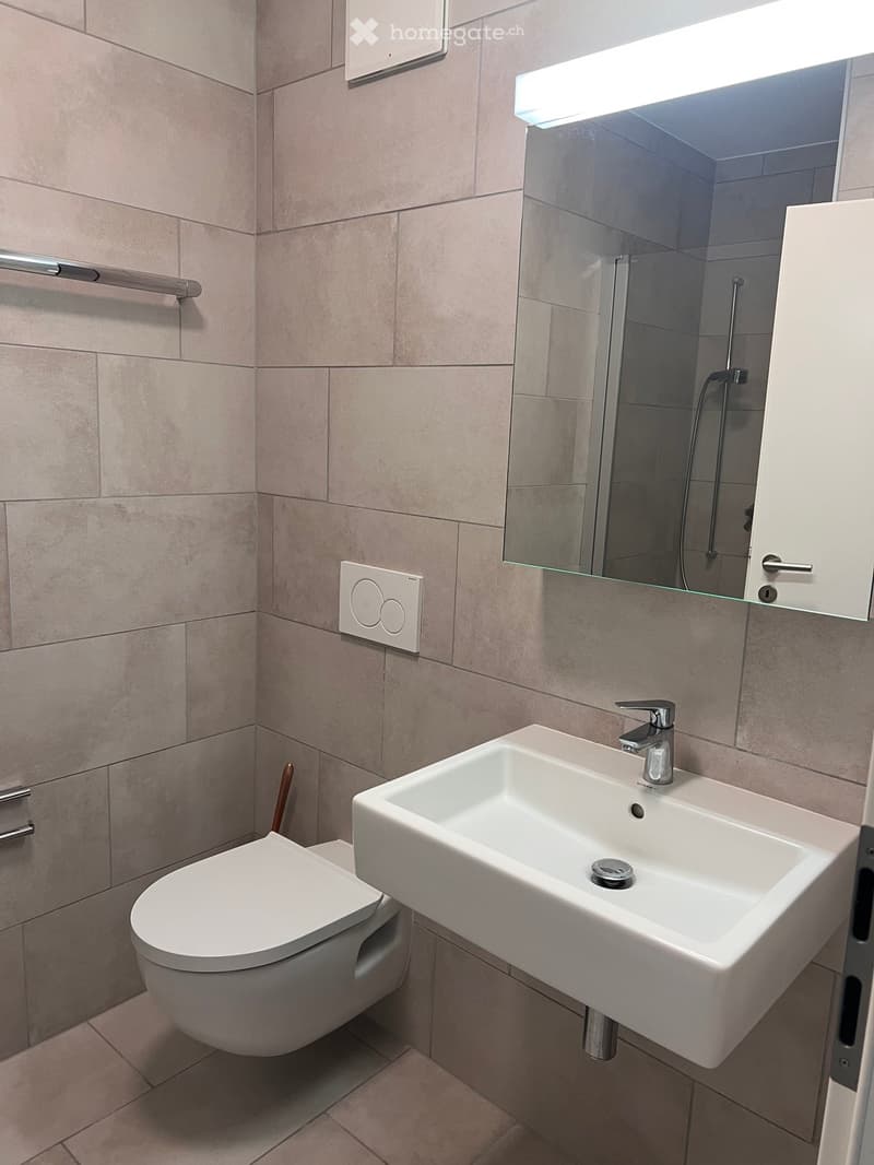 Bathroom with white tiles, white toilet, white sink, mirror, and shower