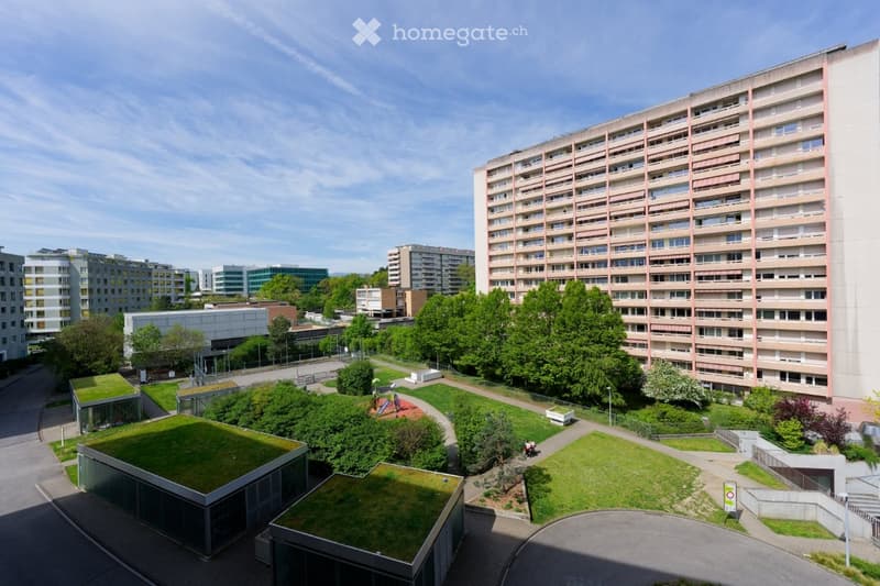 Aerial view of a multi-story building with a large green rooftop, surrounded by a park with a playground, trees, and a paved pathway.
