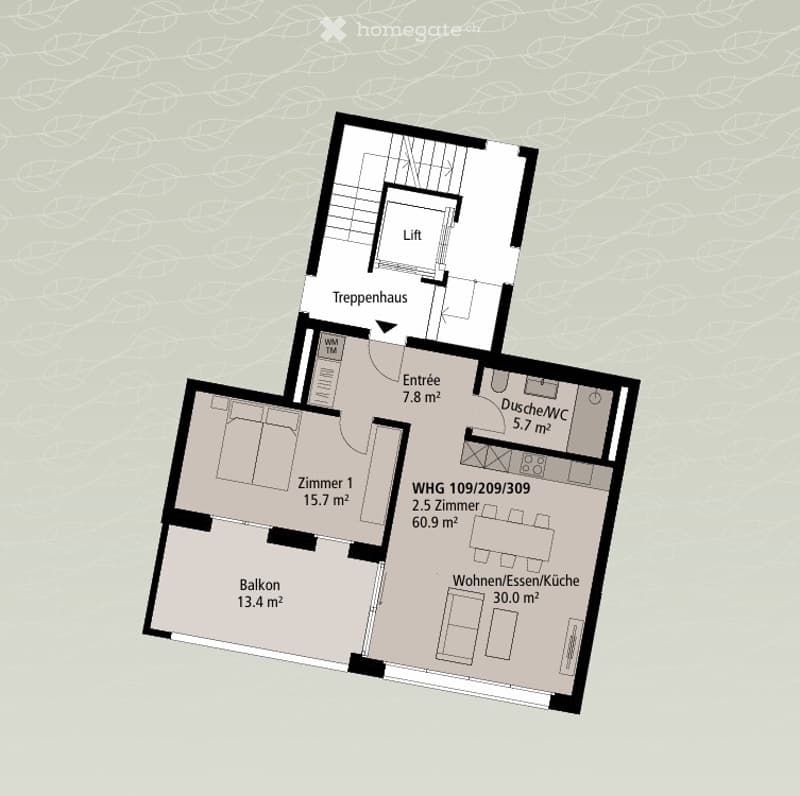 Entrance, 2 bedrooms, living room, kitchen, bathroom, balcony
