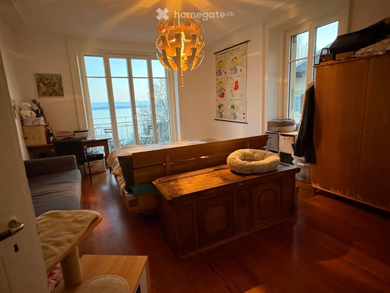 bedroom with bed, desk, chair, cabinet, lamp, couch, wooden floor, large windows, view of the lake