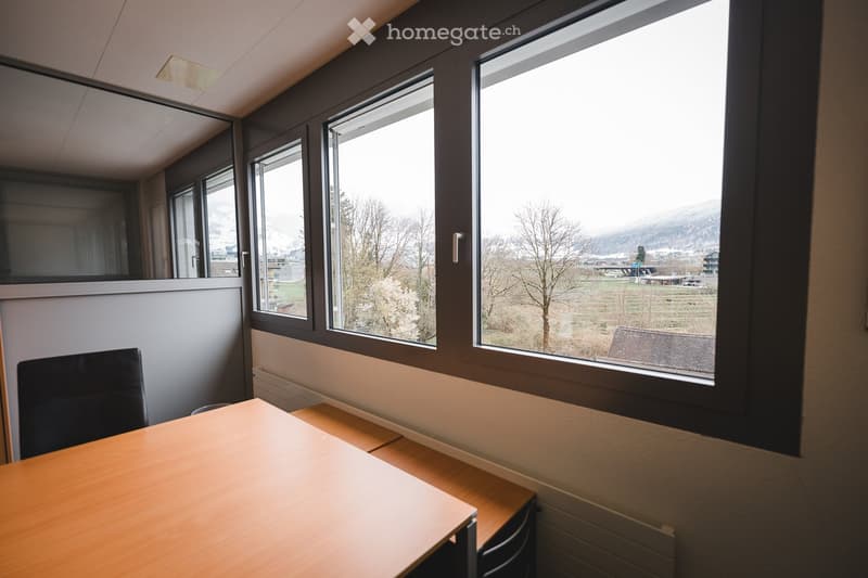 wooden desk, black chair, large windows, view of trees and mountains