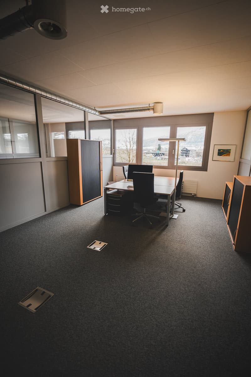 empty office with desk, chairs, cabinets, windows, radiator, picture frame, ceiling lamp