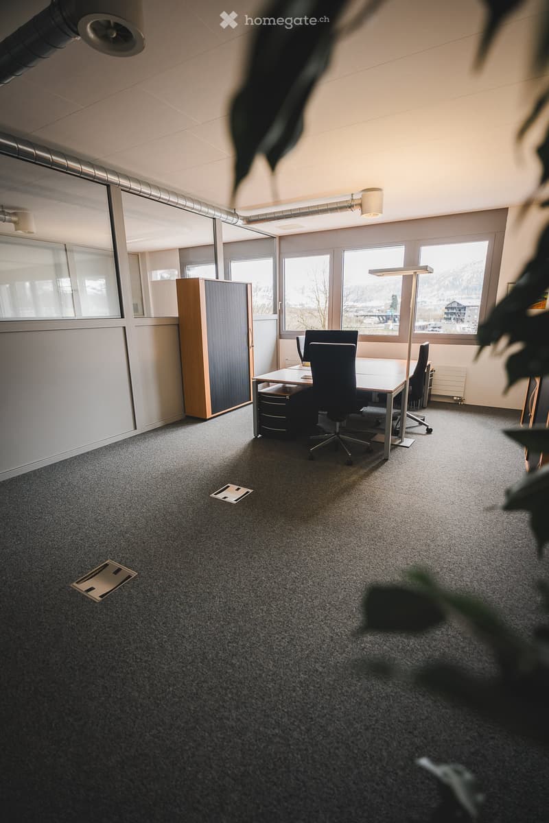 empty office, desk, chairs, windows, radiator, wooden cabinet, carpeted floor