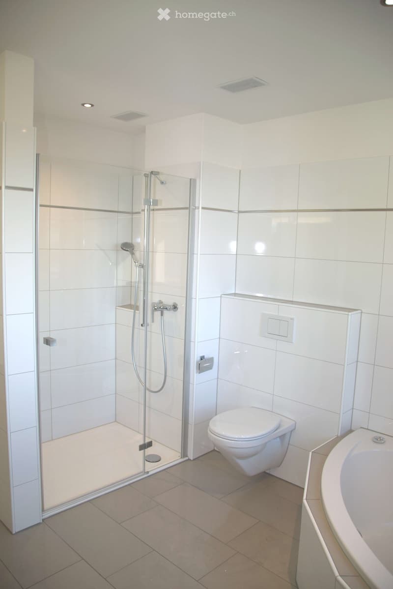 Modern bathroom with shower, toilet, and bathtub. White tiles and fixtures.