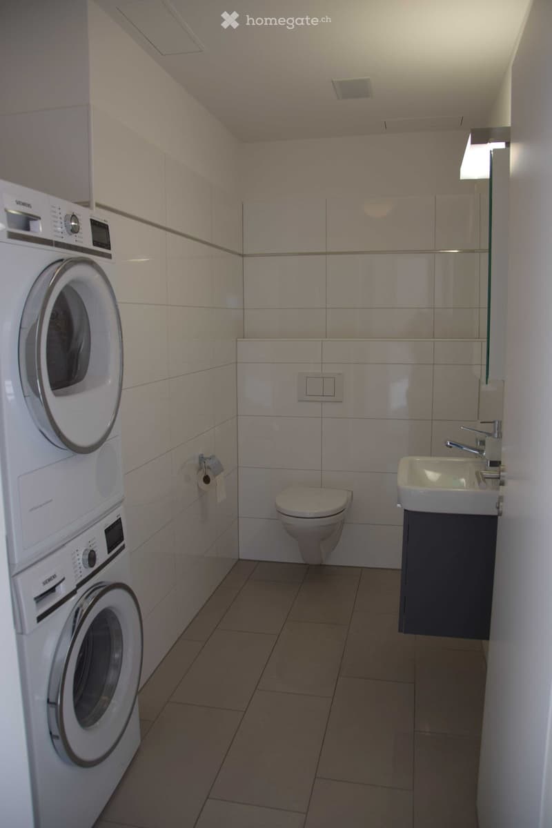 Modern bathroom with white walls, beige tiles, white sink, toilet, washing machine, and dishwasher.