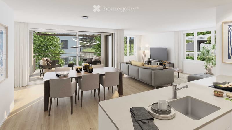open plan living and dining area, large windows, balcony, modern furniture, kitchen island, dining table, couch, TV