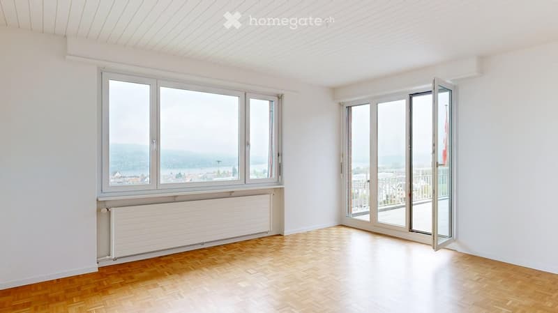 empty room, wooden floor, white walls, large windows, balcony