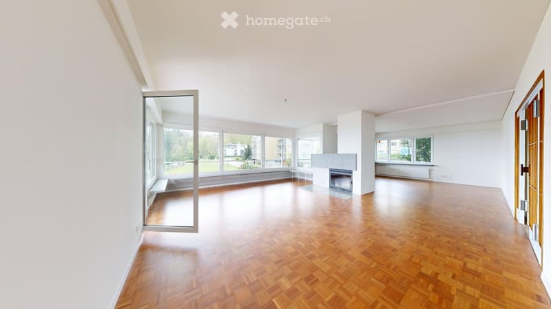 large room, wooden floor, white walls, fireplace, large windows, sliding door