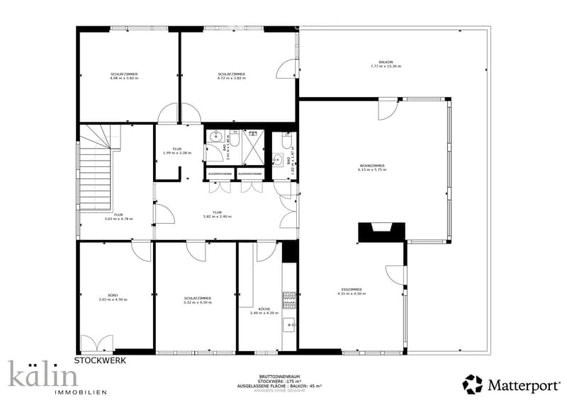 Floor plan with living room, kitchen, 3 bedrooms, 2 bathrooms, balcony, and a separate room