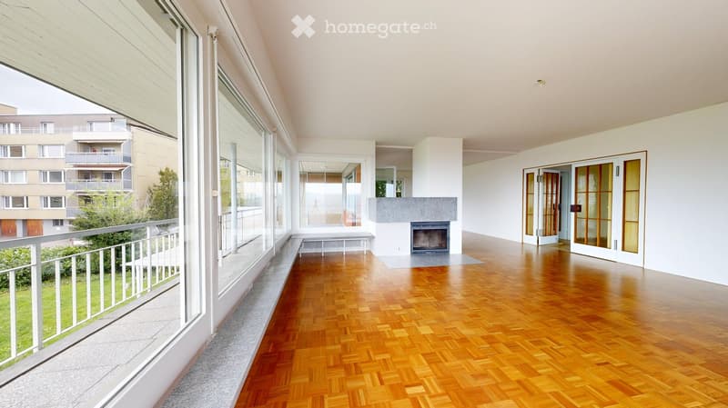 large windows, wooden floor, fireplace, balcony, white walls