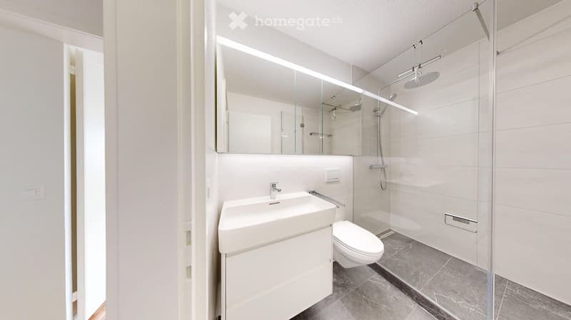 modern bathroom with white tiles, glass shower, white sink, white toilet, mirror