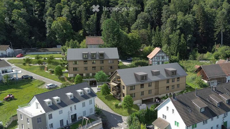 Aerial view of a residential area with several houses, surrounded by trees and grass, driveways, and parking spaces.